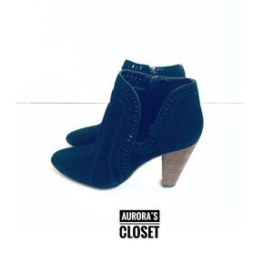 Vince Camuto 6.5 Black Suede Ankle Booties Laser Cut Out Reeista Cuban Heel